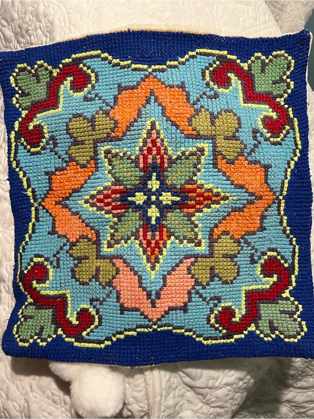 Handmade Blue and Orange Floral Needlepoint Pillow Cover